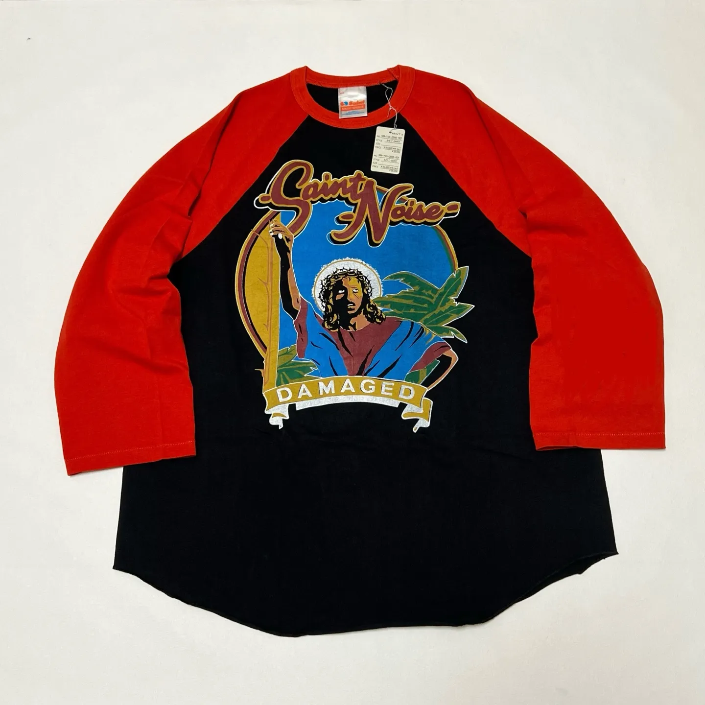 SAINT Mxxxxxx × LASTMAN LM_SS TEE/SNT NOISE/BLK Jesus horn sleeve color block TEE Black and red S-XL LAST MAN co-branded model Customized accessories Completely matched Horn sleeve color block Unlocked design Natural rewinding after washing Unique and handsome Top printing technology Undifferentiated restoration Cylindrical side seam fabric technology Top purchasing level